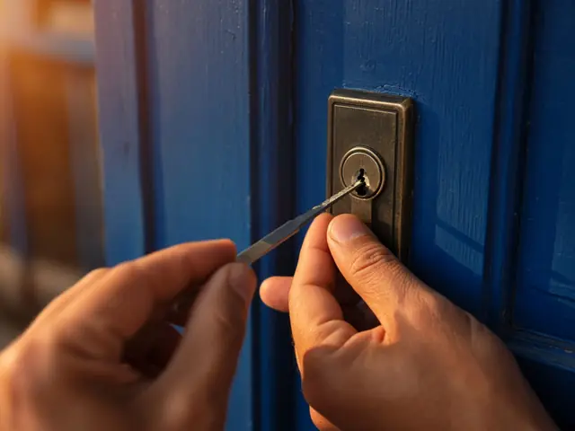 Manos abriendo la cerradura de una puerta de madera azul, en la provincia de Valencia