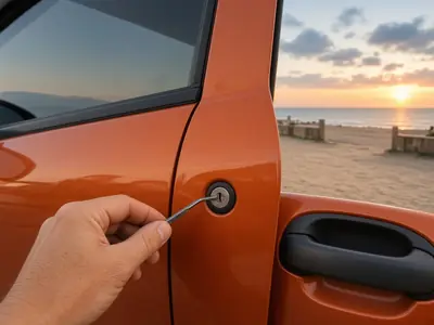 Apertura de la cerradura de un coche naranja junto a la playa