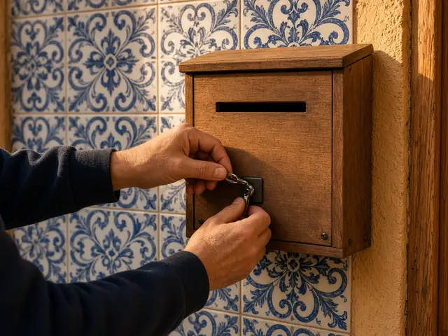 Arreglo de la cerradura de un buzón de madera sobre azulejos azules en un zaguán, en la provincia de Valencia