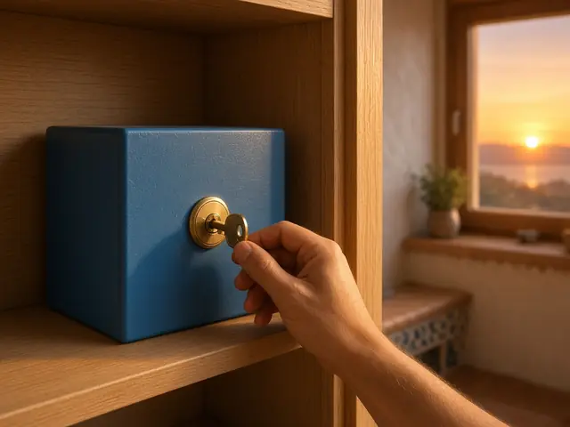 Caja fuerte pequeña azul en un mueble de madera al atardecer, en la provincia de Valencia