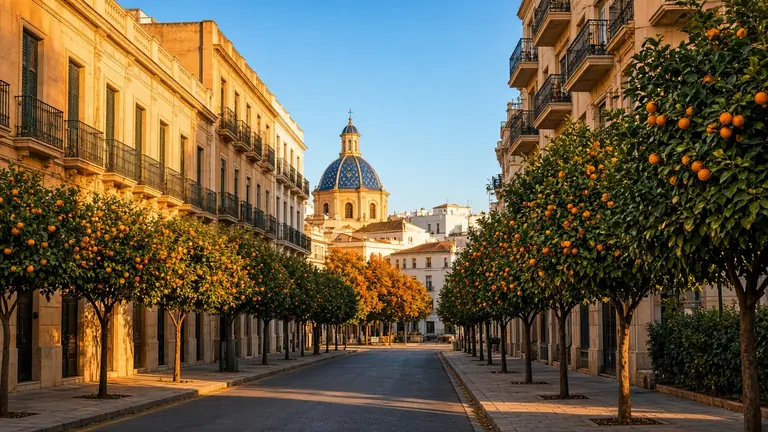 Calle con naranjos y una cúpula de teja azul al fondo, en la provincia de Valencia