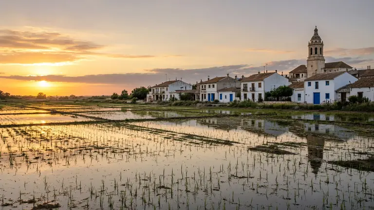 Casas con puertas azules y campanario junto a los arrozales inundados en Sueca