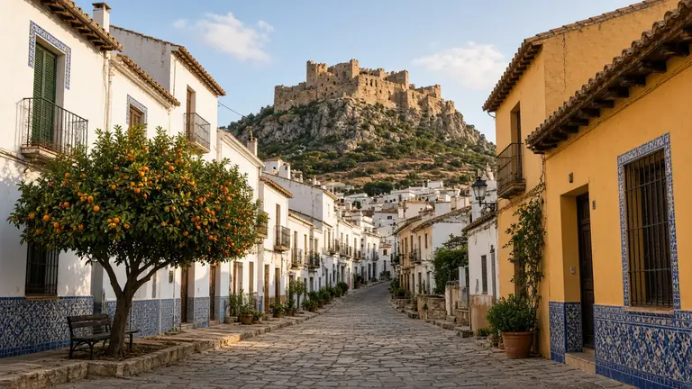 Calle del casco antiguo con zócalos de azulejo y el castillo al fondo en Xàtiva