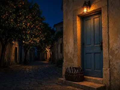 Calle del casco antiguo con naranjos y puerta azul de noche