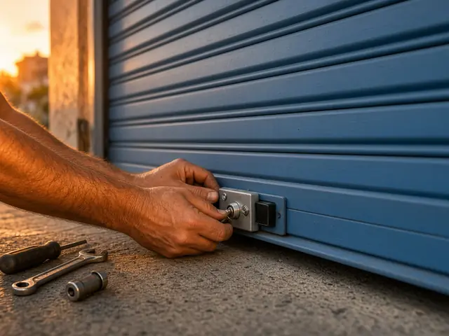 Colocación de una cerradura nueva en una persiana metálica azul, en la provincia de Valencia