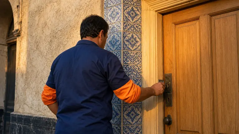 Cerrajero abriendo una puerta de madera junto a un zócalo de azulejos