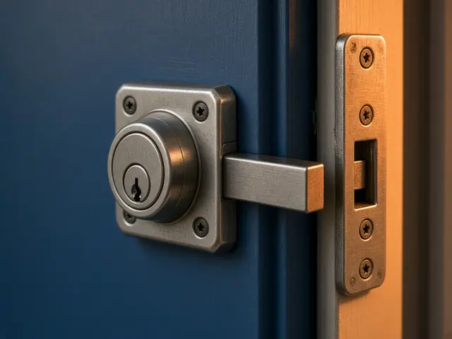 Cerrojo de seguridad con cerradero reforzado en una puerta azul, en la provincia de Valencia