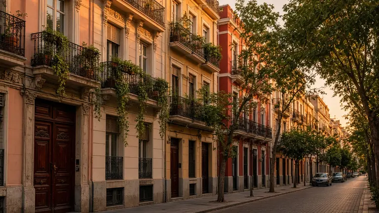 Calle de edificios de principios del siglo XX con balcones floridos en Russafa