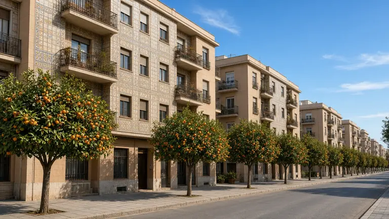 Calle de edificios con detalles cerámicos y naranjos en Manises