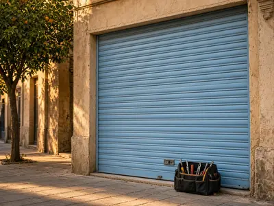 Persiana metálica azul de un bajo en una calle con naranjos al atardecer
