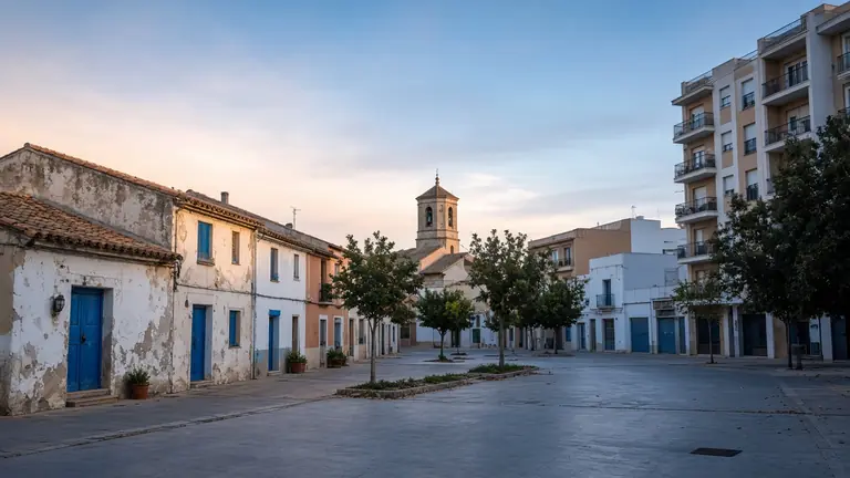 Plaza con casas bajas de puertas azules y campanario en Benimaclet