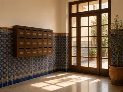 Zaguán de edificio con zócalo de azulejos, buzones y puerta de cristal